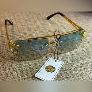 EASON EYEWEAR Unisex Fashion Blue  Oversize Sunglasses Gold Arm Square Eye Frame